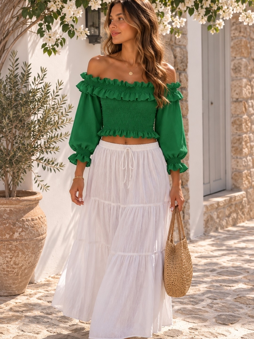 SHEIN Green Off-Shoulder Ruffle Crop Top.